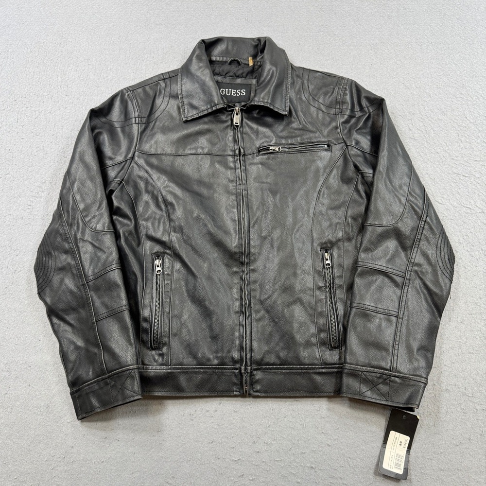 NEW Guess Leather Jacket Men's Small Black Zipped Pockets Moto Biker Streetwear